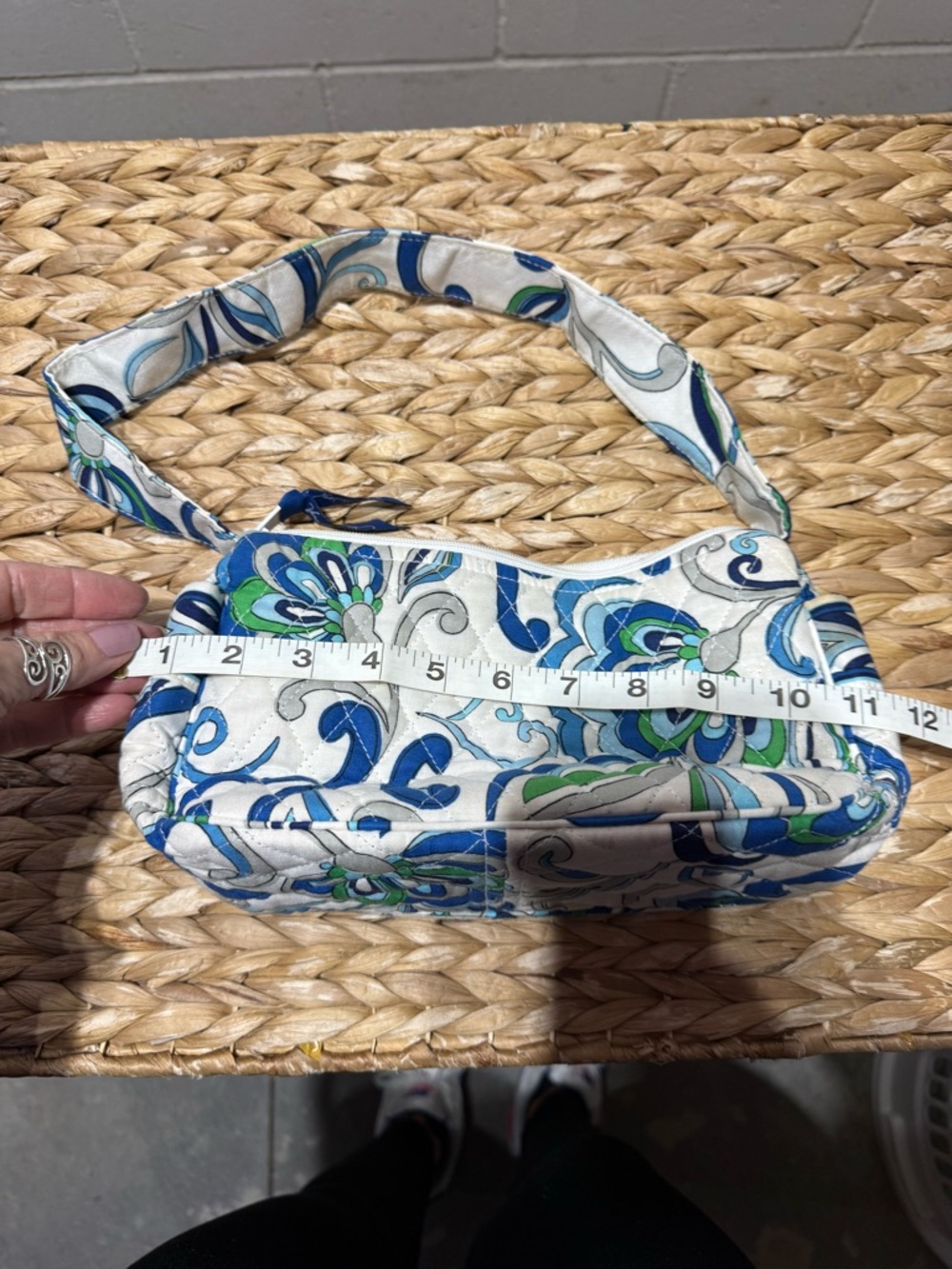 Vera Bradley White Quilted Wristlet with Blue & Green Floral Print